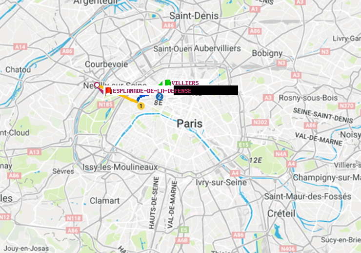 plan itinéraire ratp de Villiers à Esplanade de la Défense