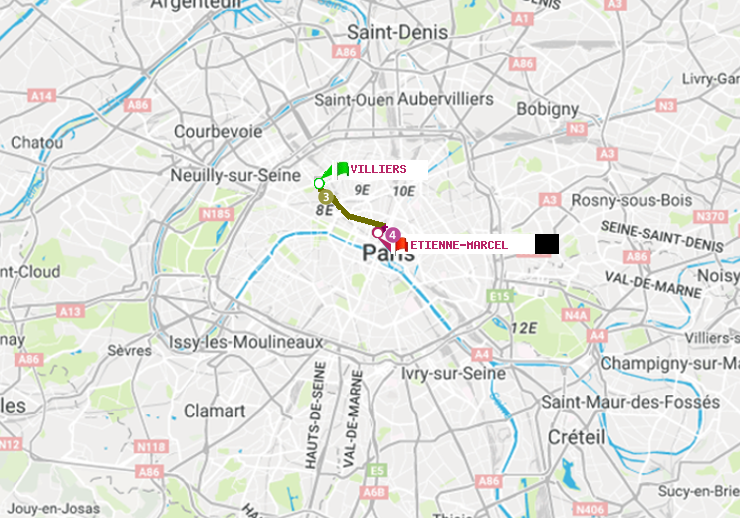 plan itinéraire ratp de Villiers à Etienne Marcel