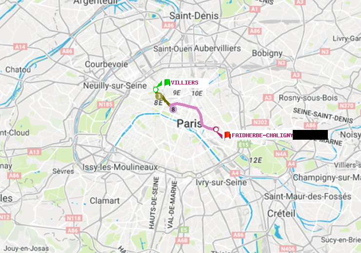 plan itinéraire ratp de Villiers à Faidherbe-Chaligny