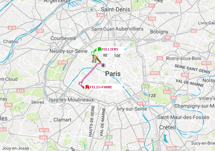 plan itinéraire ratp de Villiers à Félix Faure