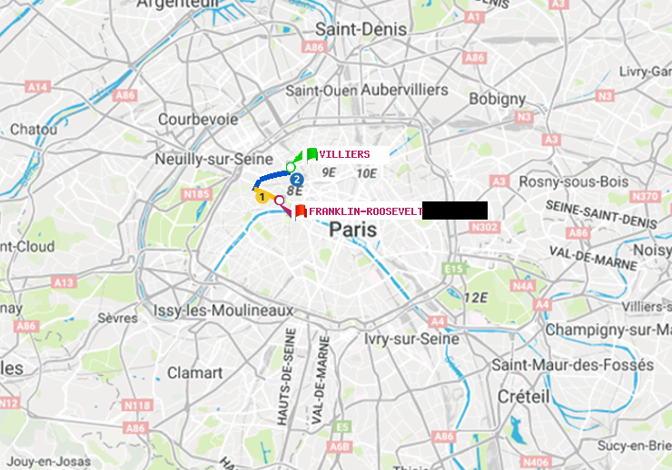 plan itinéraire ratp de Villiers à Franklin-Roosevelt
