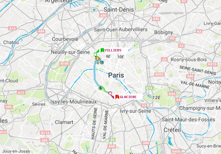 plan itinéraire ratp de Villiers à Glacière