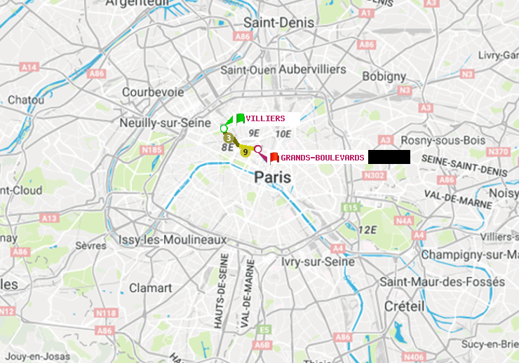 plan itinéraire ratp de Villiers à Grands Boulevards