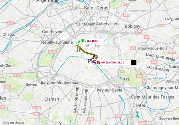 plan itinéraire ratp de Villiers à Hôtel de Ville