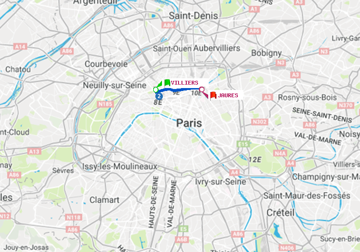plan itinéraire ratp de Villiers à Jaurès