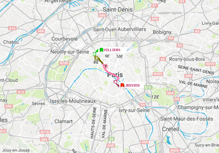 plan itinéraire ratp de Villiers à Jussieu