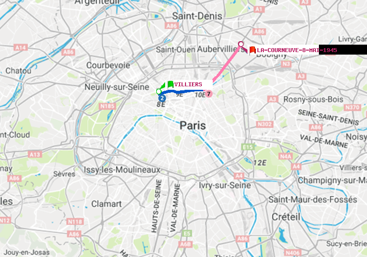 plan itinéraire ratp de Villiers à La Courneuve-8-Mai-1945