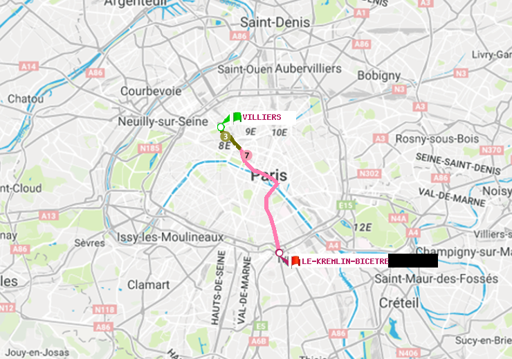 plan itinéraire ratp de Villiers à Le Kremlin-Bicêtre