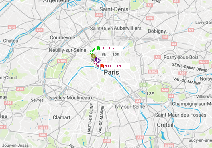 plan itinéraire ratp de Villiers à Madeleine