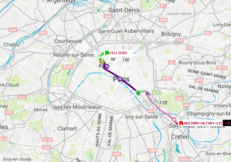 plan itinéraire ratp de Villiers à Maisons-Alfort-Les Juilliottes