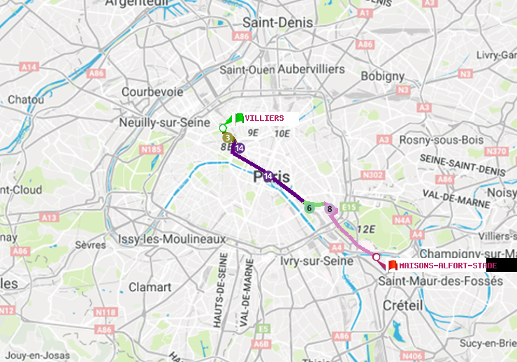 plan itinéraire ratp de Villiers à Maisons-Alfort-Stade