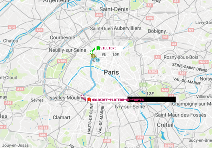 plan itinéraire ratp de Villiers à Malakoff-Plateau de Vanves
