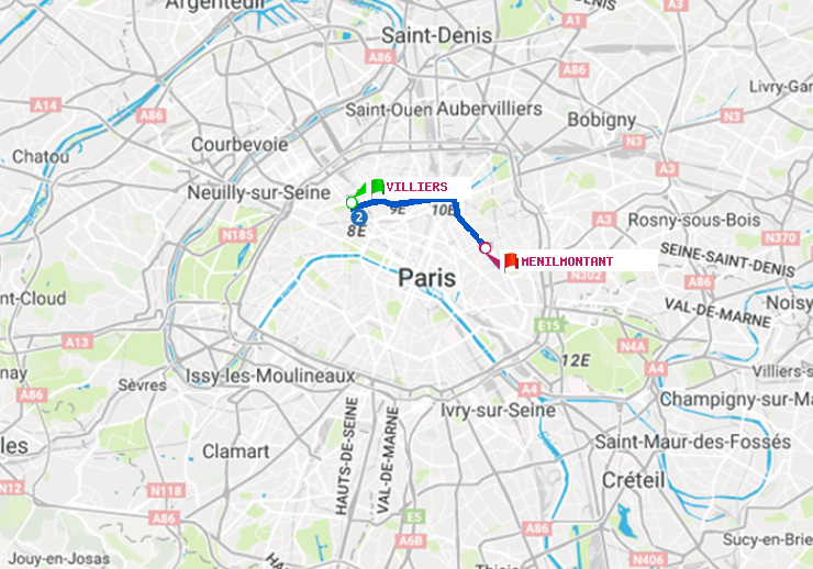 plan itinéraire ratp de Villiers à Ménilmontant