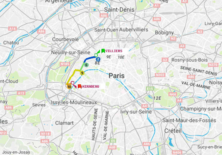 plan itinéraire ratp de Villiers à Mirabeau