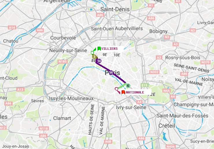 plan itinéraire ratp de Villiers à Nationale
