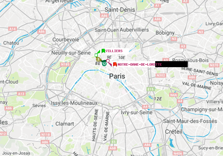 plan itinéraire ratp de Villiers à Notre-Dame de Lorette