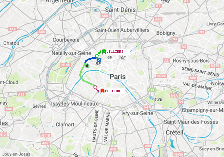 plan itinéraire ratp de Villiers à Pasteur