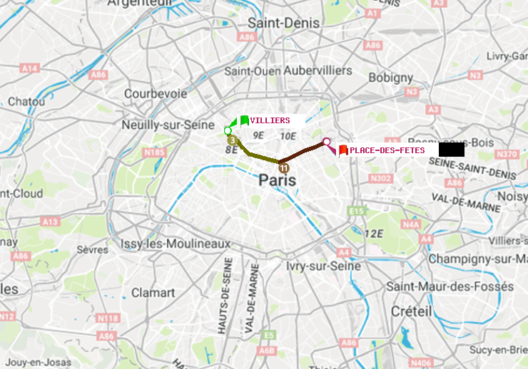 plan itinéraire ratp de Villiers à Place des Fêtes