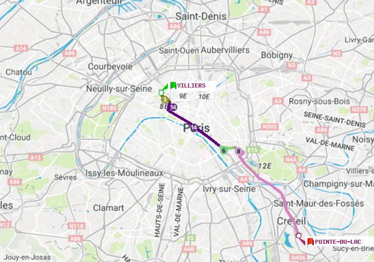 plan itinéraire ratp de Villiers à Pointe du Lac