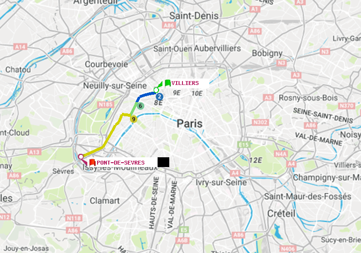 plan itinéraire ratp de Villiers à Pont de Sèvres