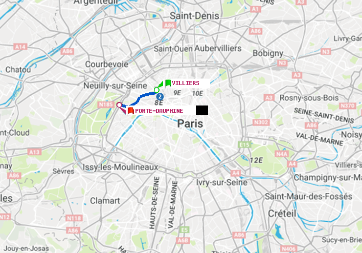 plan itinéraire ratp de Villiers à Porte Dauphine (Maréchal de Lattre de Tassigny)