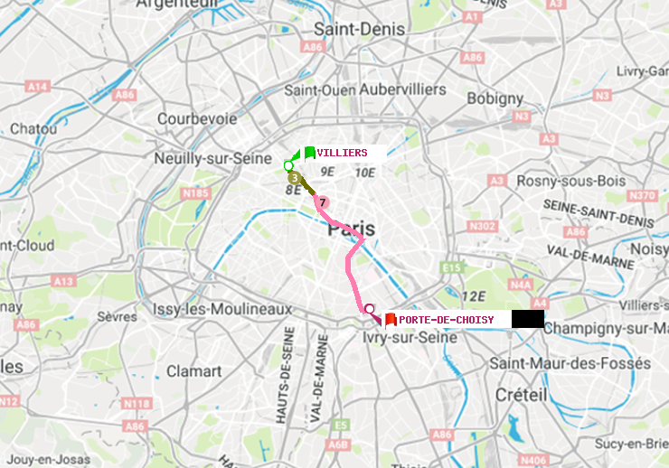 plan itinéraire ratp de Villiers à Porte de Choisy