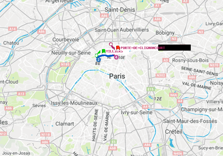 plan itinéraire ratp de Villiers à Porte de Clignancourt