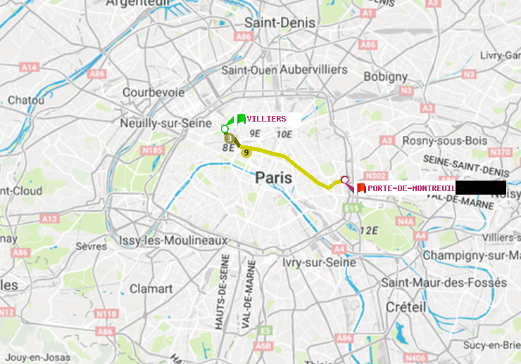 plan itinéraire ratp de Villiers à Porte de Montreuil