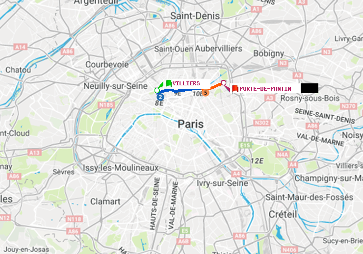 plan itinéraire ratp de Villiers à Porte de Pantin