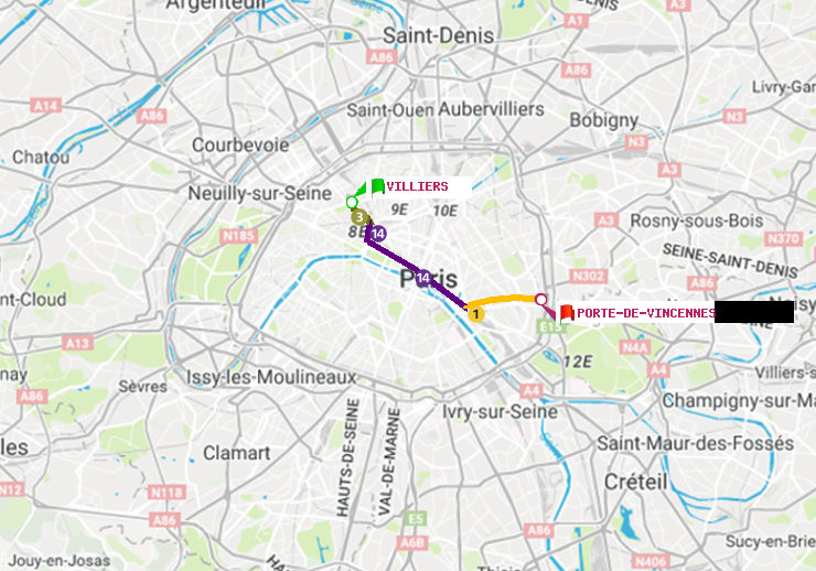 plan itinéraire ratp de Villiers à Porte de Vincennes