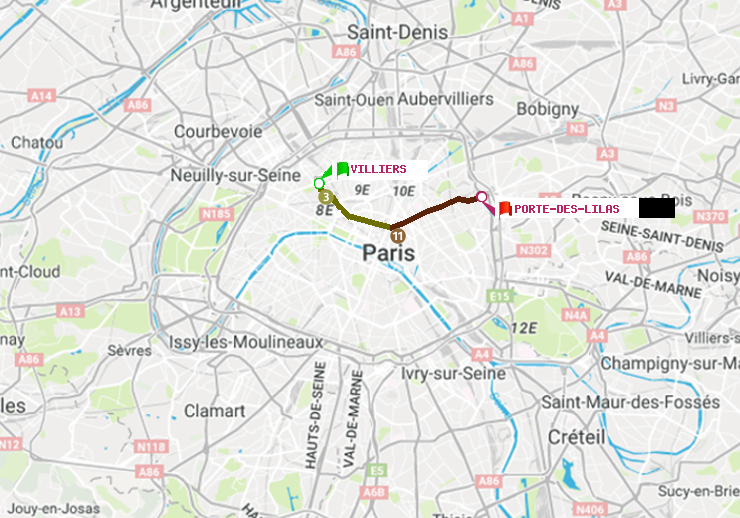 plan itinéraire ratp de Villiers à Porte des Lilas