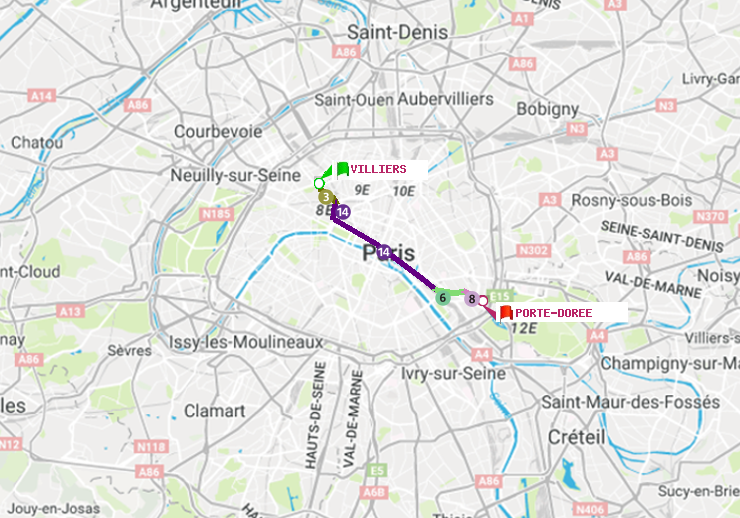 plan itinéraire ratp de Villiers à Porte Dorée