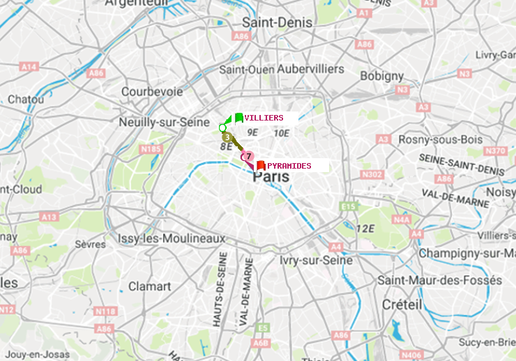 plan itinéraire ratp de Villiers à Pyramides