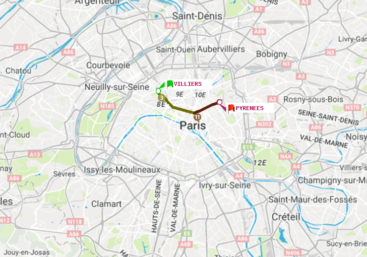 plan itinéraire ratp de Villiers à Pyrenees