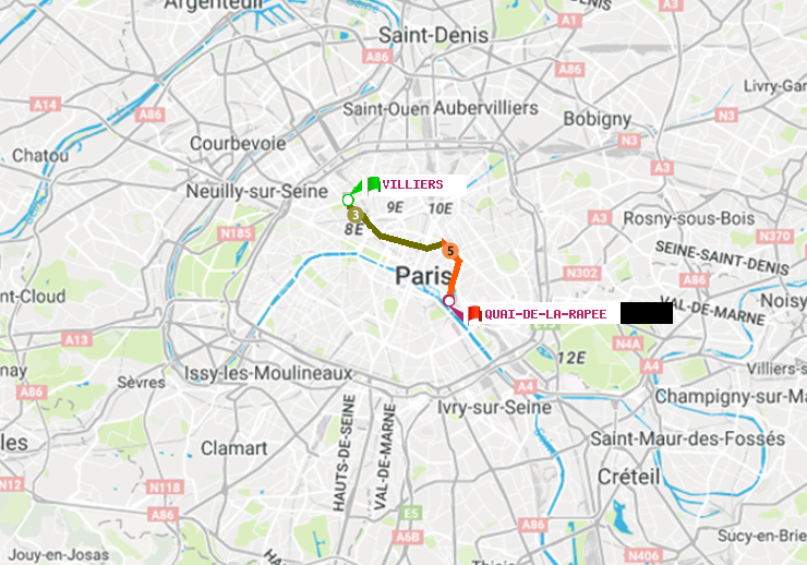 plan itinéraire ratp de Villiers à Quai de la Rapée