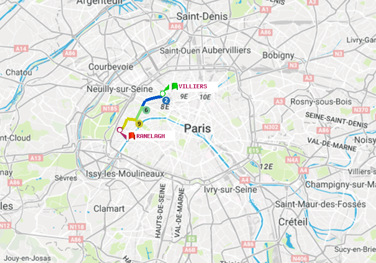 plan itinéraire ratp de Villiers à Ranelagh