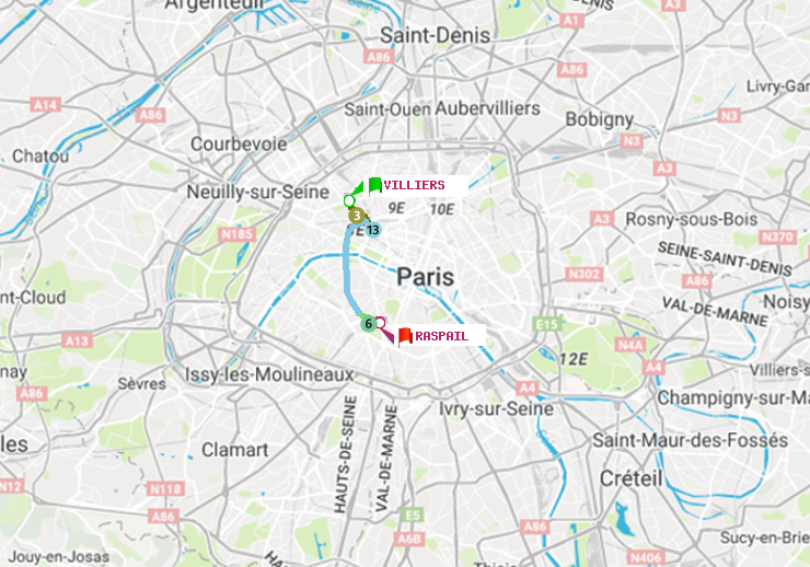plan itinéraire ratp de Villiers à Raspail