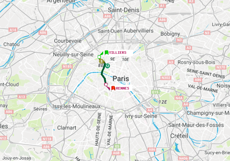 plan itinéraire ratp de Villiers à Rennes