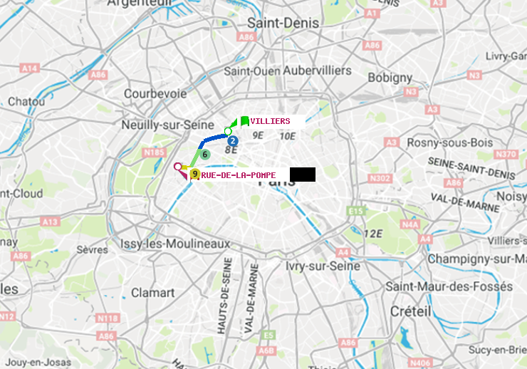 plan itinéraire ratp de Villiers à Rue de la Pompe (Avenue Georges Mandel)