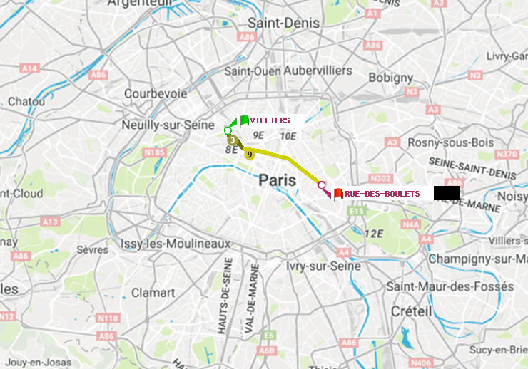 plan itinéraire ratp de Villiers à Rue des Boulets