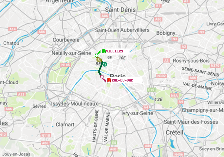 plan itinéraire ratp de Villiers à Rue du Bac