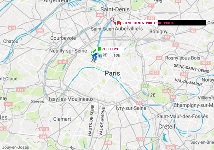 plan itinéraire ratp de Villiers à Saint-Denis-Porte de Paris