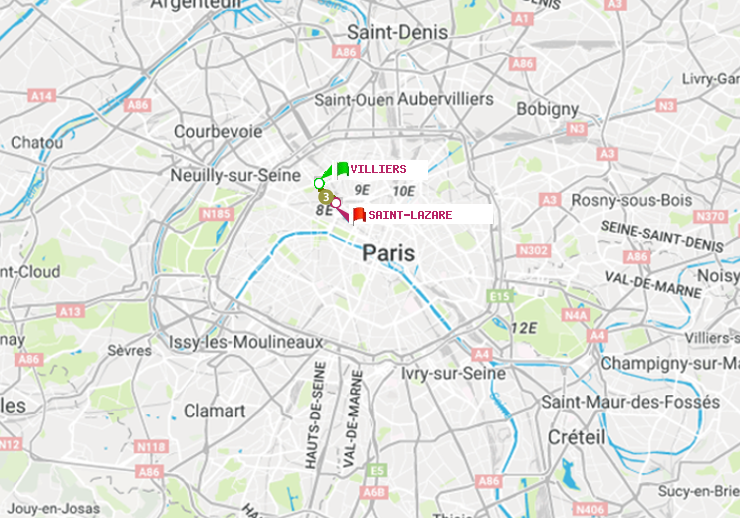 plan itinéraire ratp de Villiers à Saint-Lazare