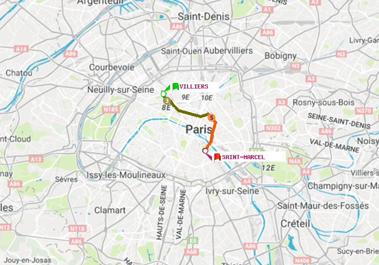 plan itinéraire ratp de Villiers à Saint-Marcel