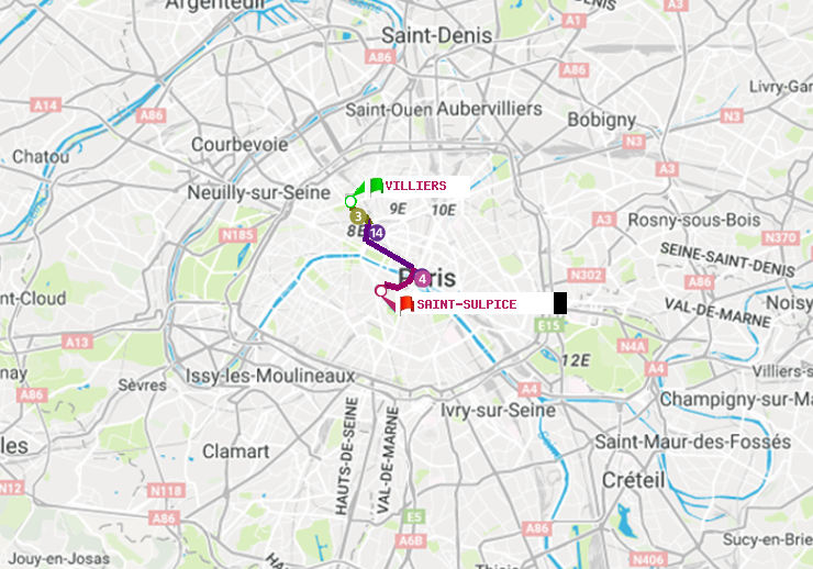 plan itinéraire ratp de Villiers à Saint-Sulpice
