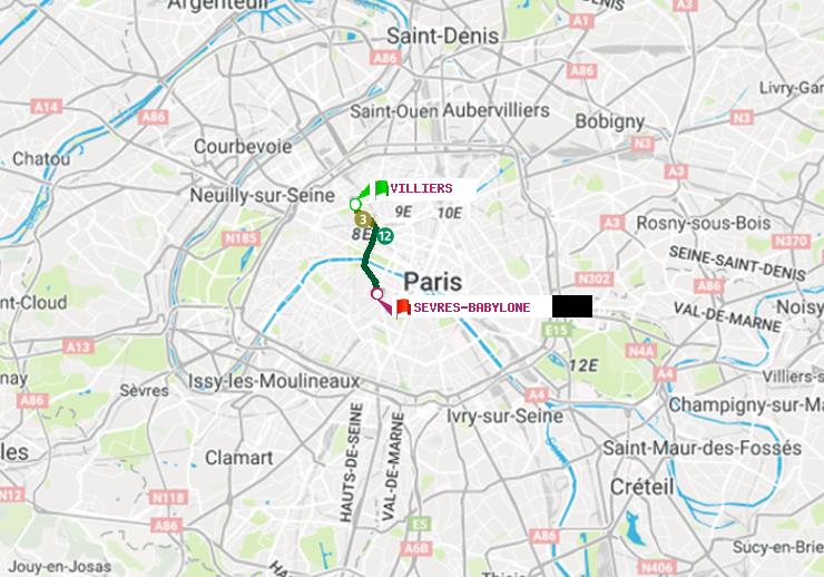 plan itinéraire ratp de Villiers à Sèvres-Babylone