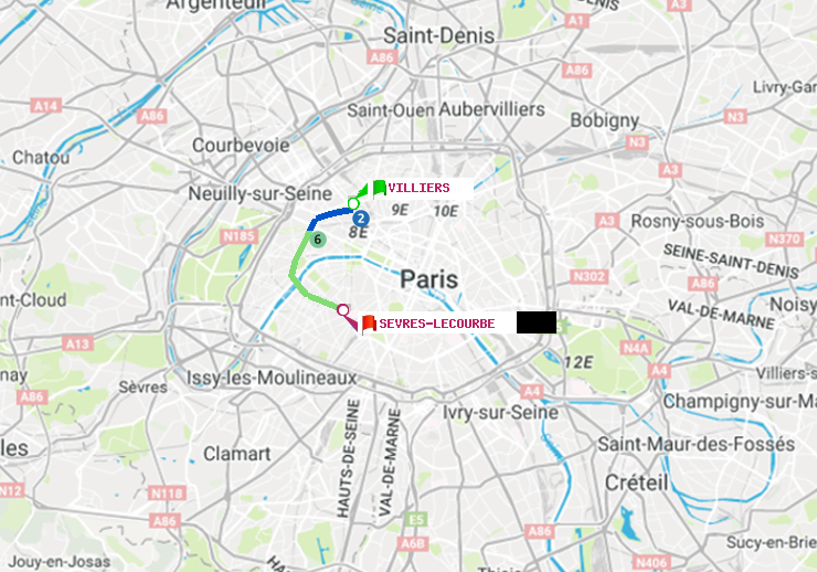 plan itinéraire ratp de Villiers à Sèvres-Lecourbe