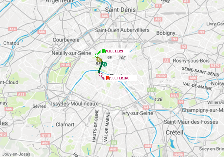 plan itinéraire ratp de Villiers à Solférino