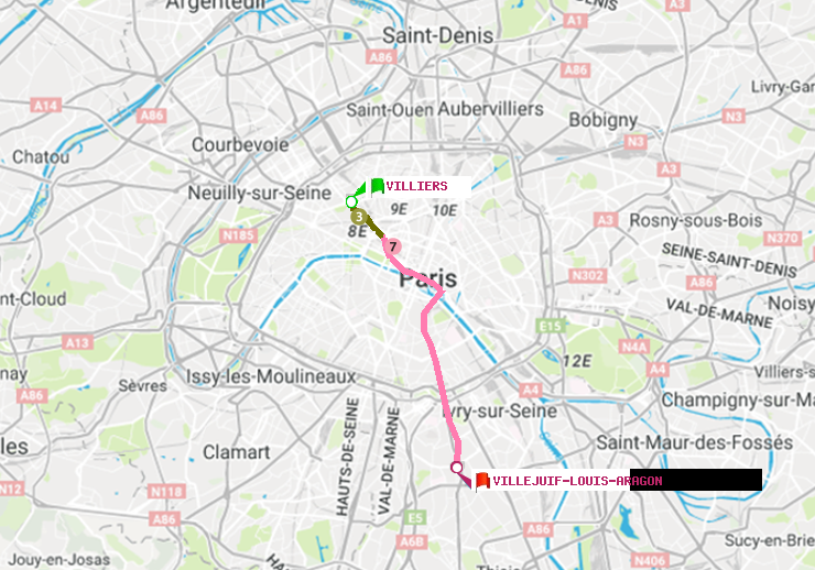 plan itinéraire ratp de Villiers à Villejuif-Louis Aragon