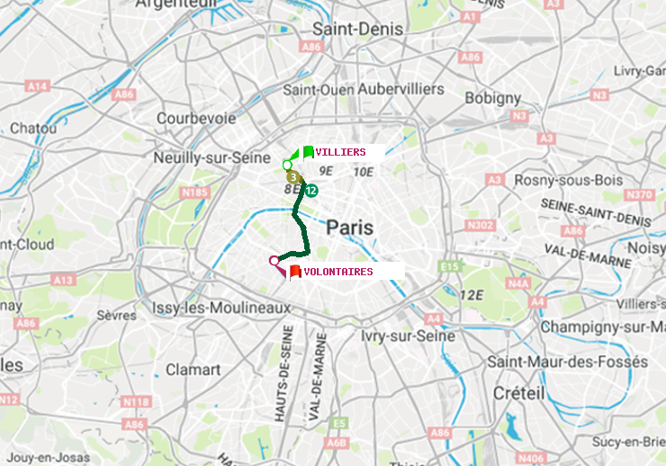 plan itinéraire ratp de Villiers à Volontaires